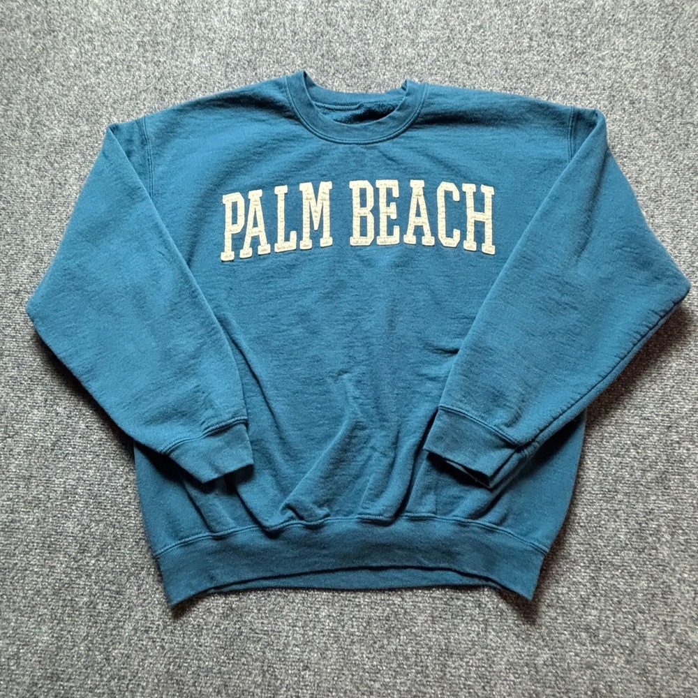 Palm Beach Florida Sweatshirt Teal Blue Crewneck Pullover Mens Large Retro